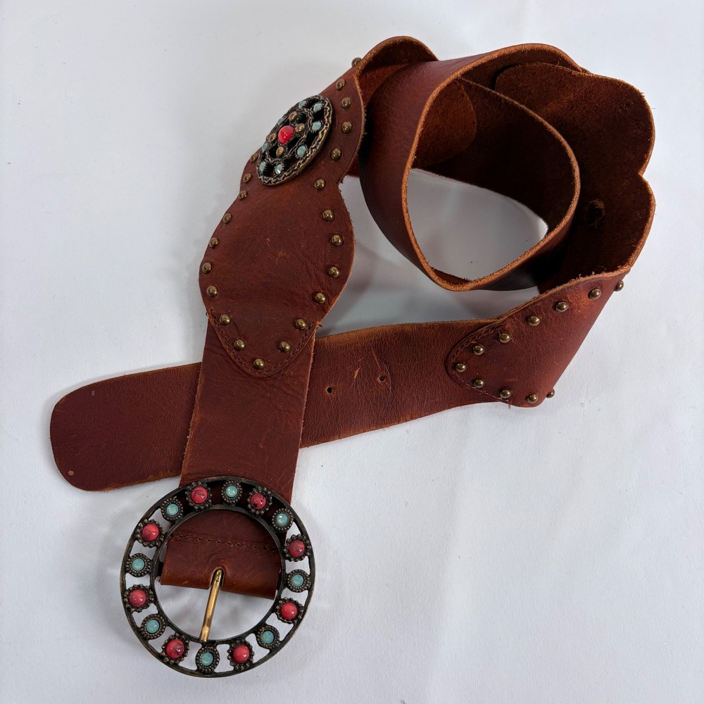 Leatherock Leather Belt Brown Scalloped Studded Turquoise Coral Medallion L 34"